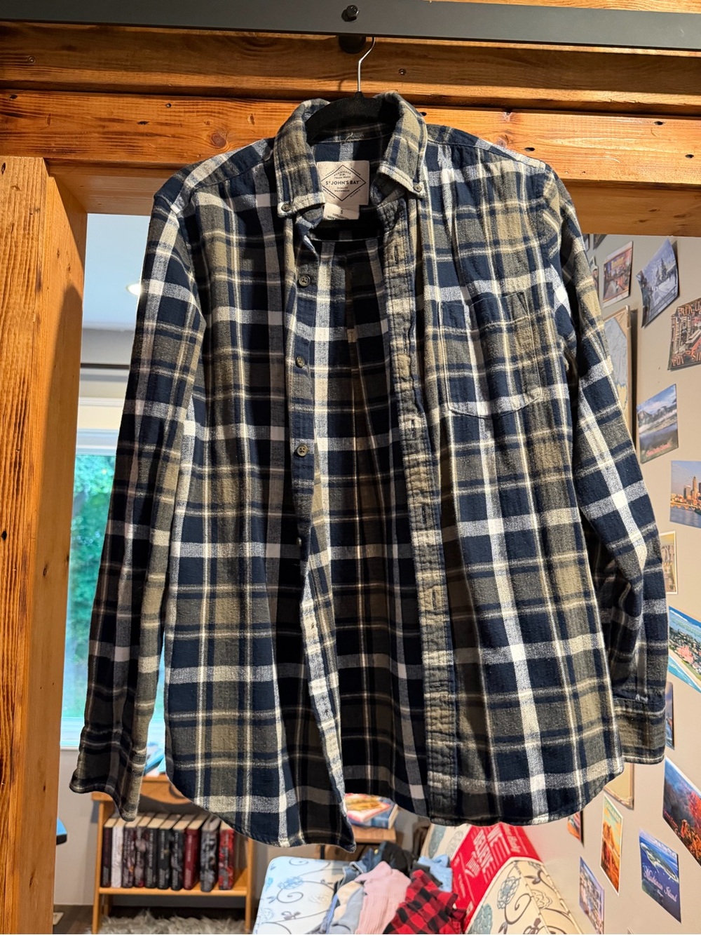 St. John's Bay Green and Navy Plaid Button-Up Shirt